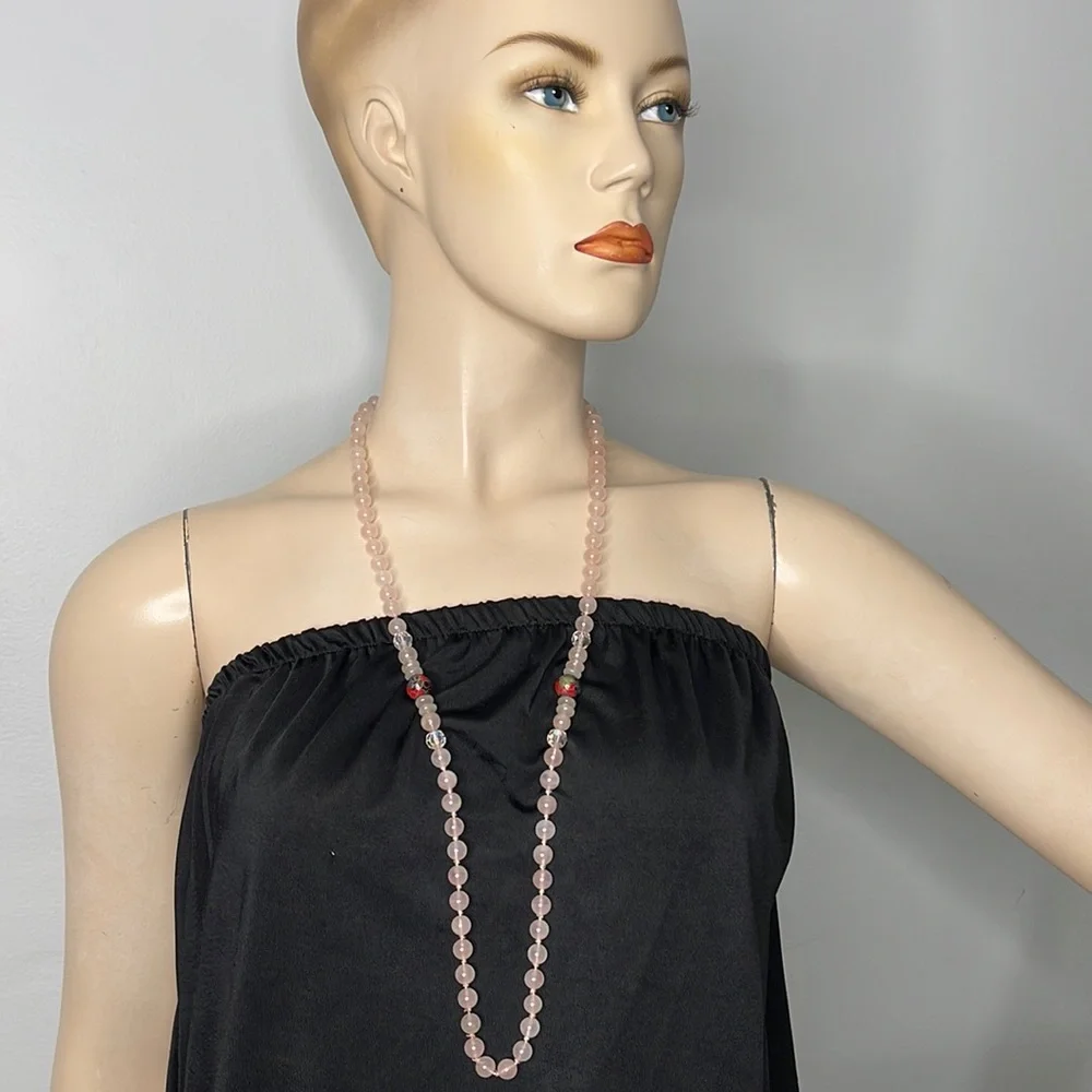 Pink Rose Quartz Beaded Necklace w Cloisonne & Aurora Borealis Accent Be…